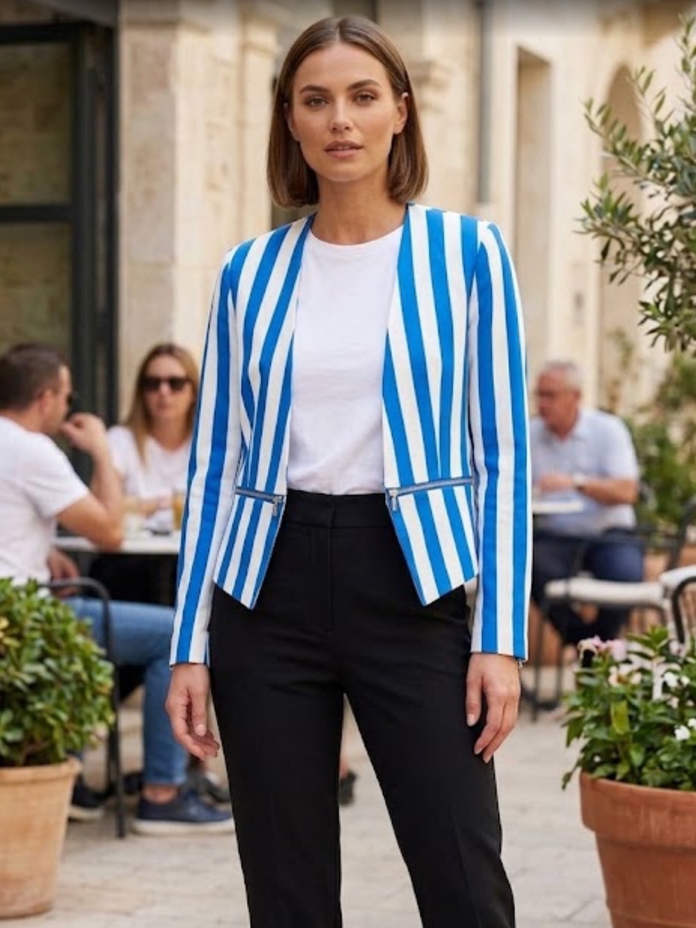 Love Tree Blue and White Striped Open Front Blazer